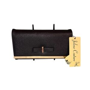 Jolene Couture Black Saffiano Faux Leather Wallet Gold Bar Bow Accent NWT Gift